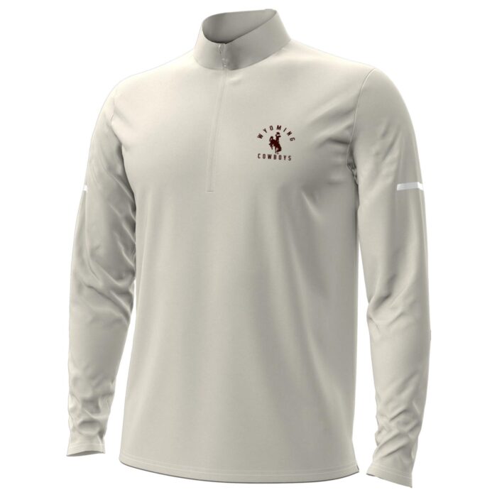 off-white quarter zip jacket. small arced wyoming cowboys with bucking horse in brown on left chest