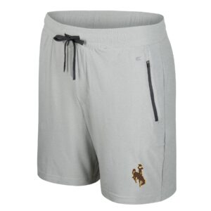 grey men's shorts. dark grey zip on both side pockets. small Brown bucking horse with gold outline on bottom left leg.