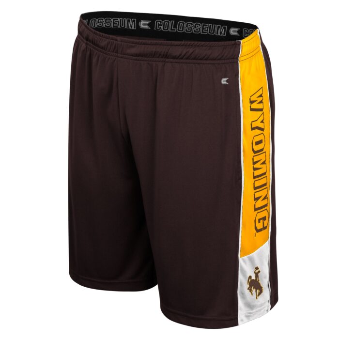 brown shorts with gold and white side paneling detail. on left side, down leg, Wyoming in brown with bucking horse in brown