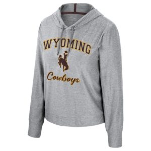 grey hooded sweatshirt with design center chest. Arced wyoming with bucking horse under and cowboys at bottom. Design is brown with gold outline