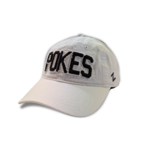 white unstructured hat with sewn in POKES in brown on front two panels in caps