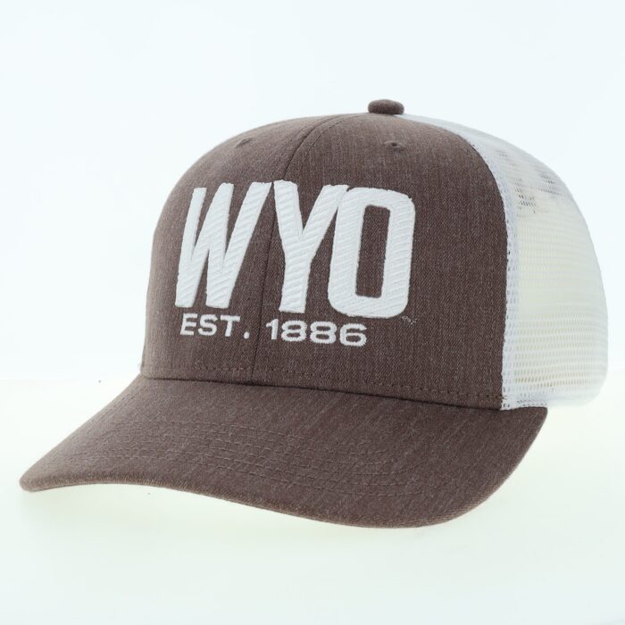 brown and white adjustable hat. brown two-panel front with white mesh back, WYO est. 1886 embroidered on front panels