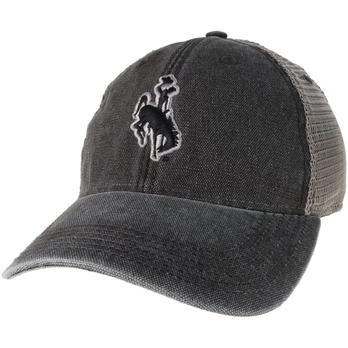 washed dark grey adjustable, unstructured hat with light grey mesh back that has stitched bucking horse patch on the front