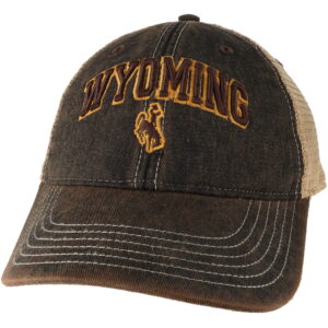 washed dark brown adjustable, unstructured hat with tan mesh back that has Wyoming lettered patch with Bucking Horse below on the front.