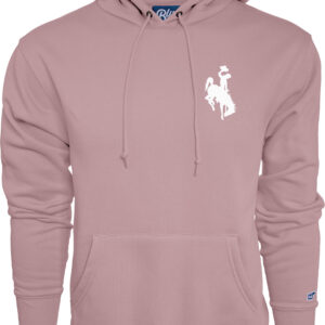 front of pink/purple hooded sweatshirt, with small white bucking horse on left chest