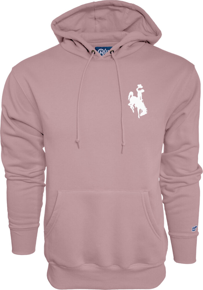 front of pink/purple hooded sweatshirt, with small white bucking horse on left chest