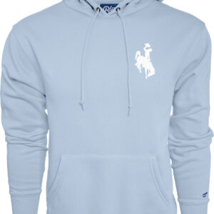 front of blue hooded sweatshirt, with small white bucking horse on left chest