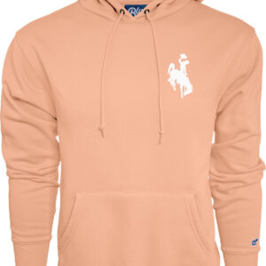 front of peach hooded sweatshirt, with small white bucking horse on left chest