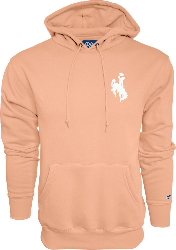front of peach hooded sweatshirt, with small white bucking horse on left chest
