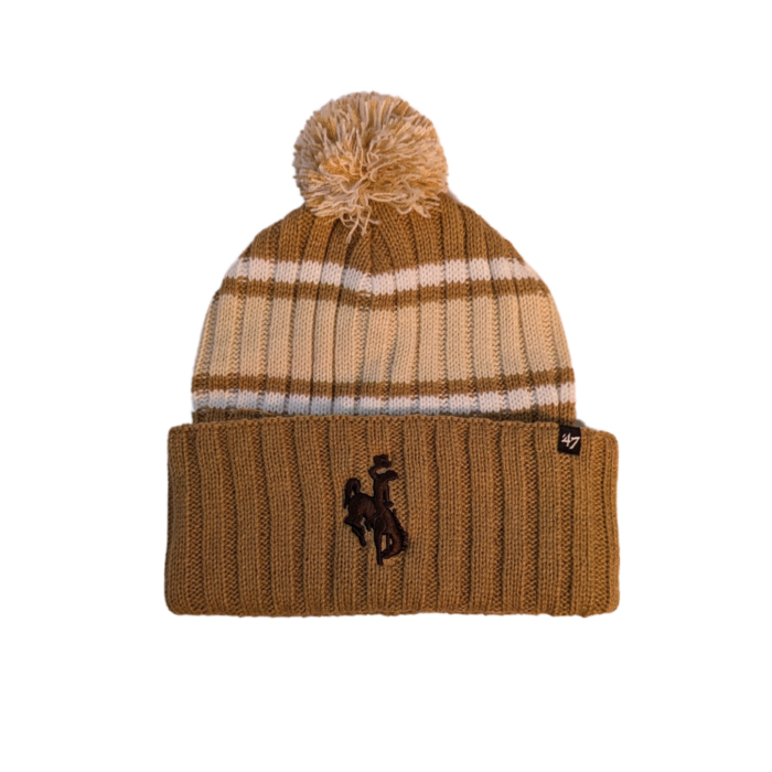 khaki knit beanie, striped design with embroidered brown bucking horse on cuff