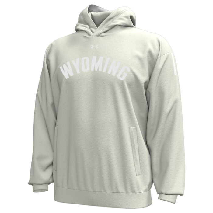 stone white hooded sweatshirt with design on center chest. design is white arced wyoming