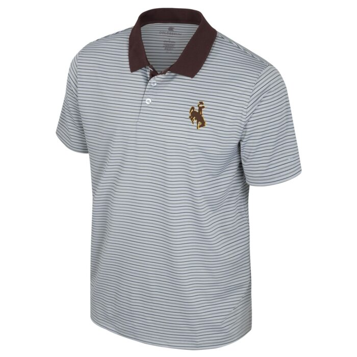 grey striped polo alternating dark grey and light grey with a brown collar and brown bucking horse with gold outline on the left chest.