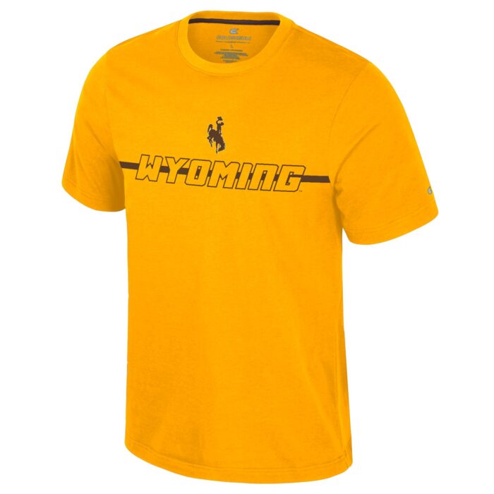 gold short sleeve tee with bucking horse above brown wyoming outlined letters across the center of chest, brown line behind the lettering.