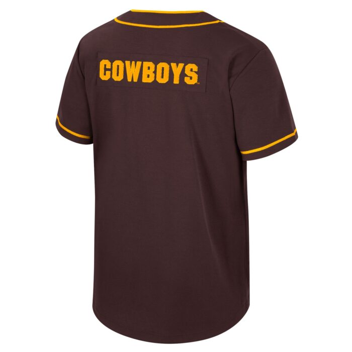 Back of brown wyoming baseball jersey with gold piping, gold cowboys logo across top of back.