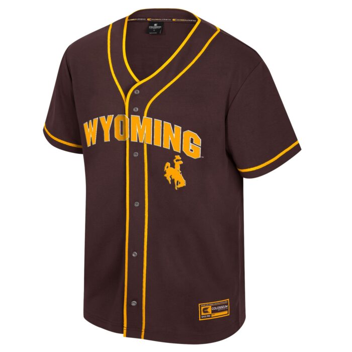 front of brown wyoming baseball jersey with gold piping, wyoming logo in bold across the chest, bucking horse logo off-centered to the left below the wyoming.