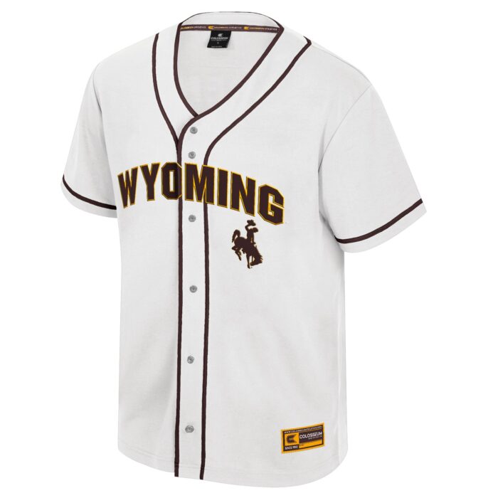 front of white wyoming baseball jersey with brown piping, wyoming logo in bold across the chest, bucking horse logo off centered below the wyoming.