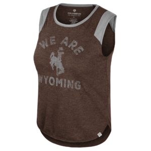 Brown and Grey tank top with "we are wyoming" faded in grey centered on the shirt, with bucking horse in the middle of words.