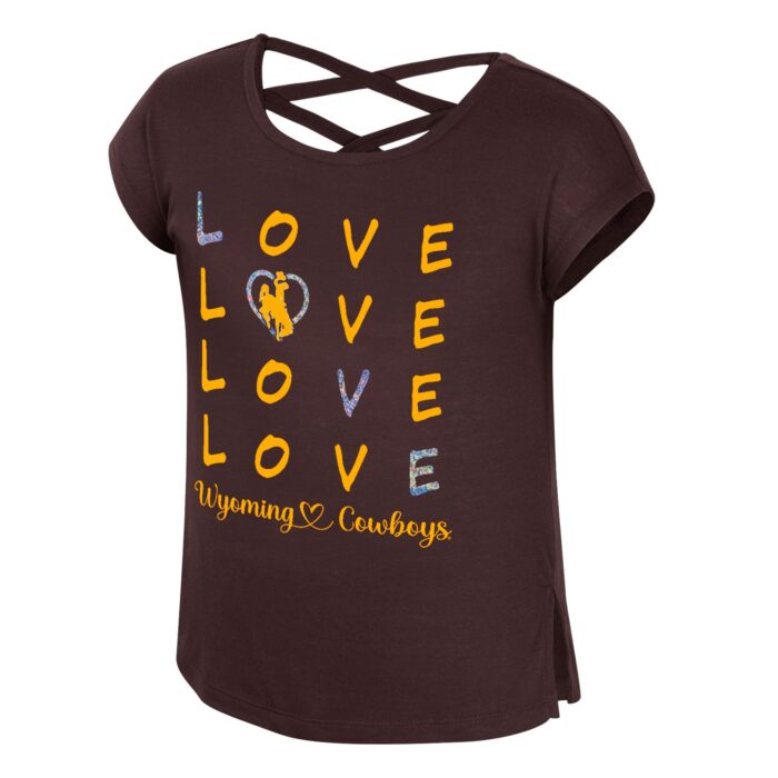 brown wyoming tee shirt with love wyoming cowboys design in gold and holographic lettering, love is repeated four times and then wyoming cowboys below.