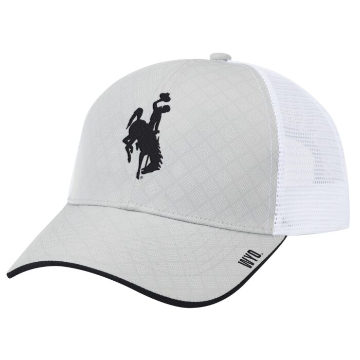 grey and white adjustable hat. grey panel front with white mesh back, bucking horse embroidered on front panels.