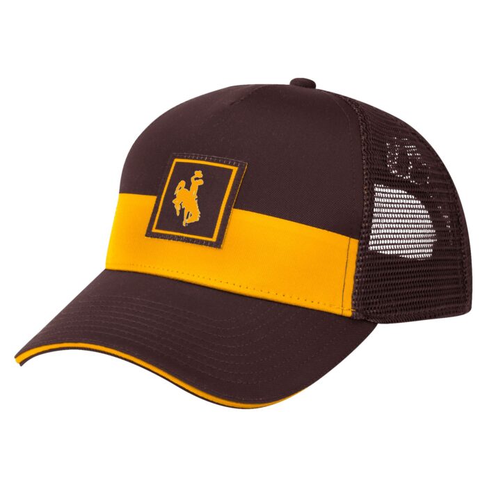 Brown and gold adjustable hat. brown/gold panel front with brown mesh back, bucking horse square patch embroidered on front panels.