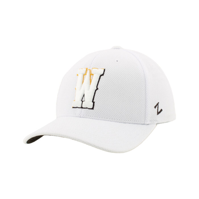 white flex fit hat with white embroidered W on front with gold and brown outline