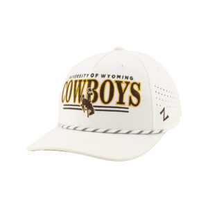 white adjustable hat with laser perforated backing and two-panel front with design. University of Wyoming small in brown with large cowboys in brown with gold outline and bucking horse overlapping B