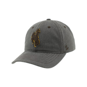 grey adjustable hat, with brown embroidered bucking horse with gold outline on front two panels