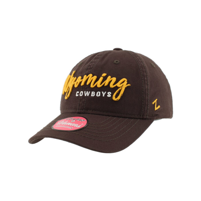 brown adjustable hat with design on front two panels. design is gold script wyoming with Cowboys in white under