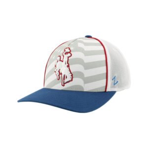 red white and blue adjustable hat. Blue brim, silver front panels, white mesh back. on front panels tonal usa flag, with embroidered white bucking horse with red outline