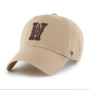 khaki adjustable hat, unstructured with raised embroidered W on front