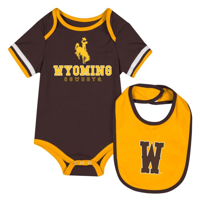 brown and gold infant onesie and bib. Brown onesie with bucking horse and wyoming in gold. bib is gold with brown W