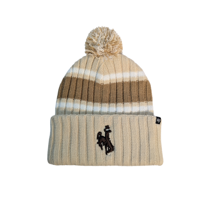 light tan and cream white knit beanie, striped design with embroidered brown bucking horse on cuff