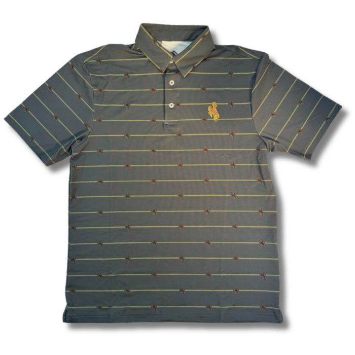 Grey short sleeve polo with gold stripes from top to bottom, scattered brown bucking horses on whole design, gold embroidered bucking horse on left chest