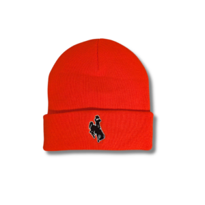 orange knit beanie with fleece lining. brown, embroidered, bucking horse on front fold