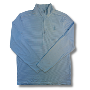 blue and white striped quarter zip pullover, stripes on entire pullover with blue embroidered bucking horse on left chest