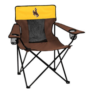 brown, gold, and black camping chair. stands, pockets, and border is black, rest of the fabric is brown except for the top on the back is gold with a brown bucking horse centered