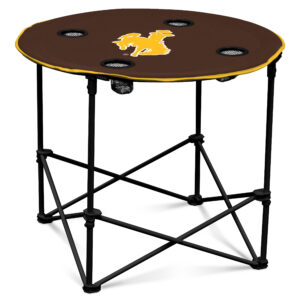 brown fabric round table with black leg stands, has pockets to hold drink in the top as well as a gold bucking horse with gold outline in the center