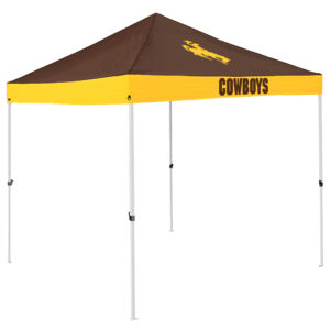 brown and gold pop up canopy. the top of the canopy is brown with a gold bucking horse and then below that is a gold banner with a brown cowboys logo