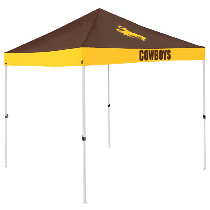 brown and gold pop up canopy. the top of the canopy is brown with a gold bucking horse and then below that is a gold banner with a brown cowboys logo