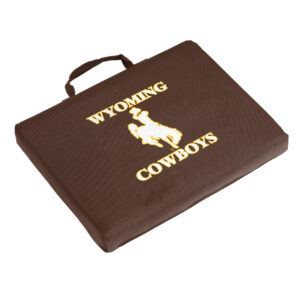 brown bleacher cushion with handle. design centered is wyoming bucking horse cowboys in white with gold outline