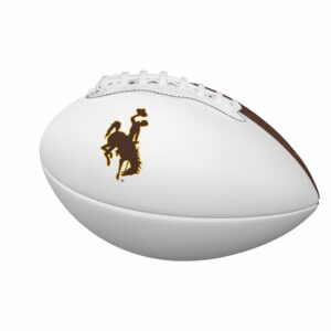 White and brown mini football. white grip with a brown bucking horse centered on the white with gold outline