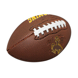 brown leather mini sized football with white grips. design is a gold wyoming on one side and a brown bucking horse with gold outline on the other side