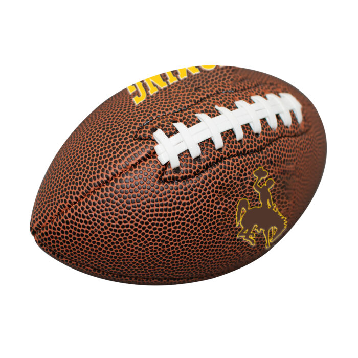 brown leather mini sized football with white grips. design is a gold wyoming on one side and a brown bucking horse with gold outline on the other side
