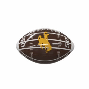 brown glossy mini sized football. Logo is white football field lines and numbers with gold bucking horse brought to front in the center