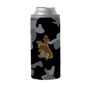 black and grey camo insulated slim can cooler with brown bucking horse gold outline logo in the center