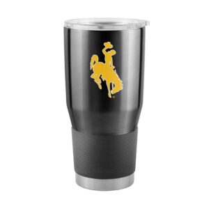 black stainless steel travel mug with push on lid to seal. has gold bucking horse for design and place to grip on the bottom