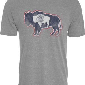 grey short sleeve shirt with red, white, and blue state flag design outlined as a buffalo on center chest.