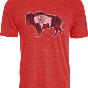 red short sleeve shirt with red, white, and blue state flag design outlined as a buffalo on center chest.