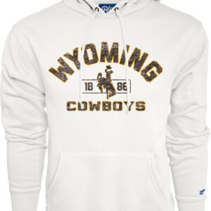 white hooded sweatshirt with design in brown and gold on center chest. Design is arced wyoming above bucking horse and 1886 with cowboys below that