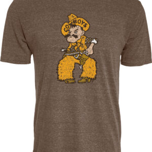brown short sleeve t-shirt with design center chest. design is pistol pete in gold, brown, and white